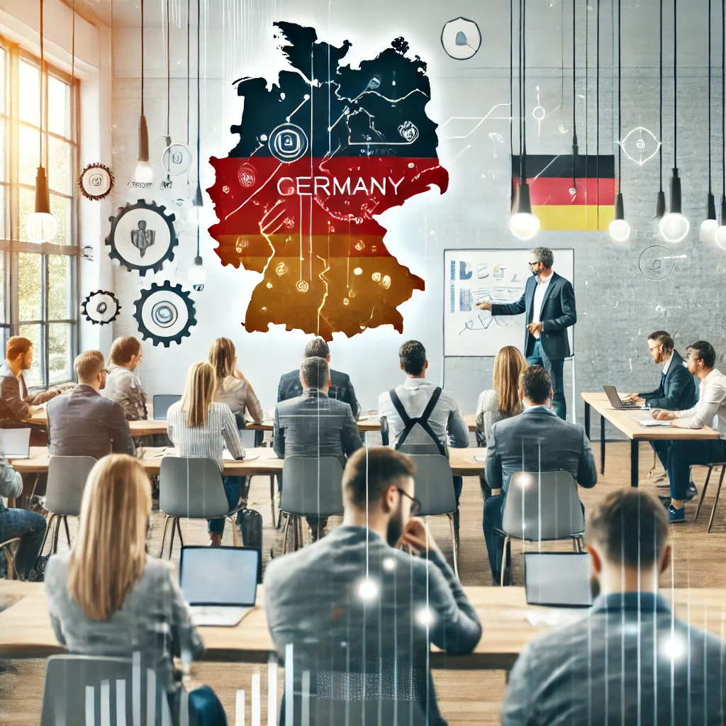 Menschen in Schulungsumgebung, KI generiertes Bild mit Deutschlandkarte im Hintergrund